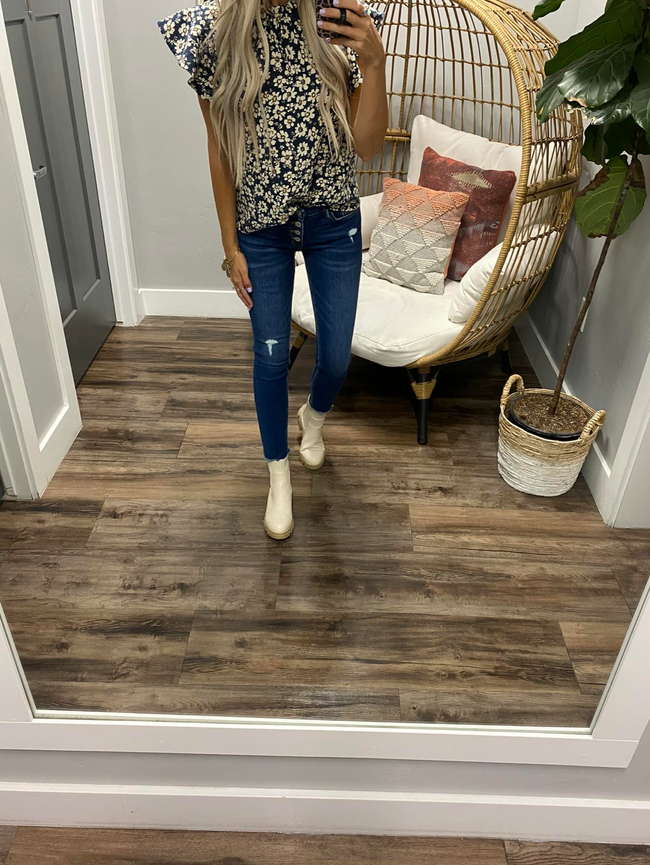 NAVY CORDED DAISY FLORAL BLOUSE