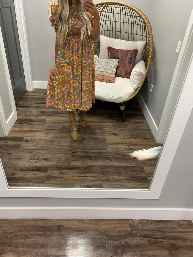 GROVE DUSTY BLUE FLORAL DRESS
