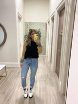 BLACK TAN AND GREY COLORBLOCK SWEATER