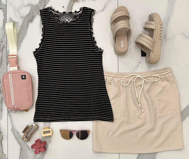 WALK THE LINE BLACK RUFFLE SLEEVE TANK TOP