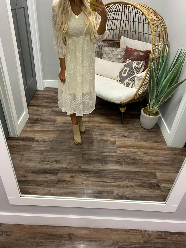 CREAM FLORAL EMBROIDERED SMOCK DRESS