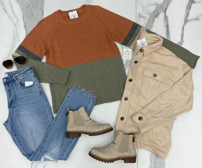 RUST CHARCOAL SAGE COLORBLOCK SWEATER