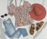 PASTEL WATERCOLOR SMOCKED SQUARE NECK BLOUSE