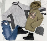 GREY CHARCOAL SNAP QUILTED PULLOVER