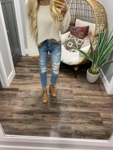CREAM HERRINGBONE SLEEVE DETAIL SWEATER