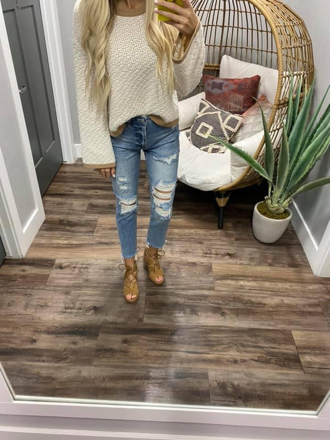 CREAM HERRINGBONE SLEEVE DETAIL SWEATER