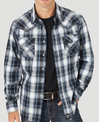 WRANGLER ROCK 47 EMBROIDERED SNAP CONTRAST TRIM BLUE & GREY PLAID