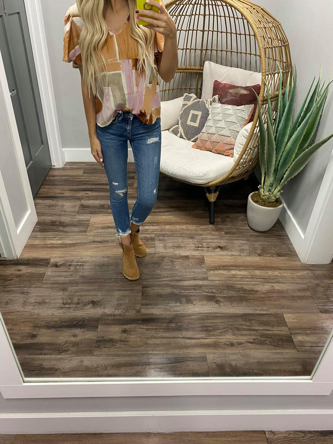 MULTI PRINTED RUFFLE SLEEVE BLOUSE