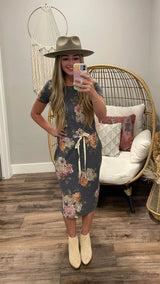 NAVY FLORAL DRAWSTRING DRESS