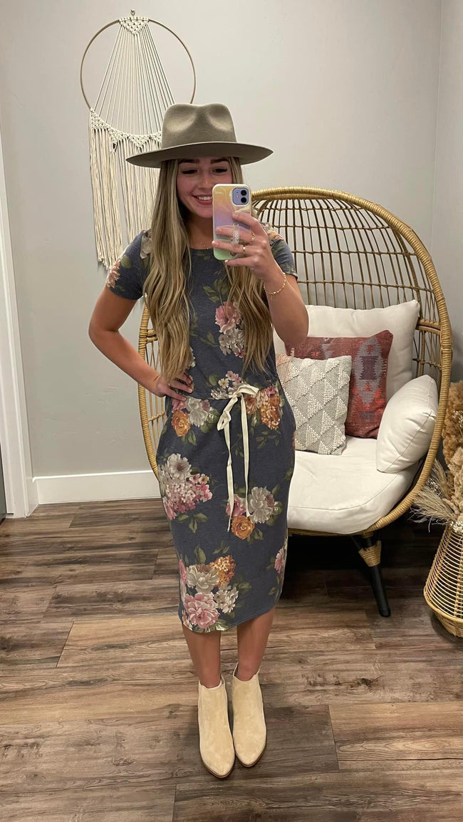 NAVY FLORAL DRAWSTRING DRESS