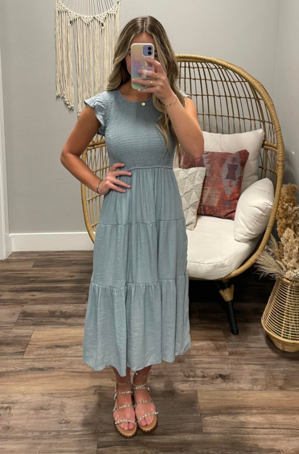 DUSTY BLUE SMOCK RUFFLE SLEEVE DRESS