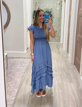 DUSTY BLUE LACE DETAIL FLUTTER SLEEVE DRESS